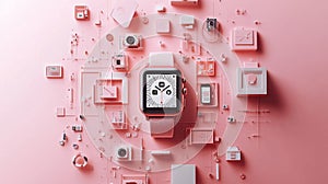Smartwatch with interconnected digital elements on pastel background photo