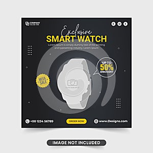 Smartwatch product post. Smartwatch promotional sale banner. Exclusive smartwatch advertising template. Gadget product advertising