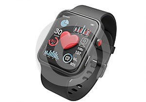 Smartwatch with a rectangular black case and strap, featuring a touch screen display.