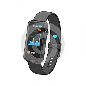 Smartwatch with a rectangular black screen displaying blue and orange graphs