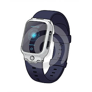 Smartwatch with a rectangular touchscreen display, encased in a metallic frame.