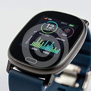 Smartwatch with a rectangular touchscreen displaying fitness data, including a step