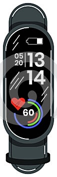 Smartwatch showing time and heart rate on screen. Fitness tracker with battery indicator and health monitoring. Personal