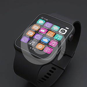 Smartwatch with a sleek, black rectangular case and a matching silicone strap.