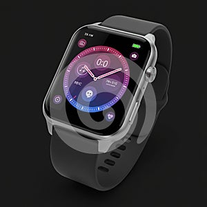 Smartwatch with a sleek, rectangular silver case and a dark, adjustable strap. Its