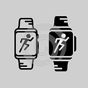 Smartwatch training icon. Runner athlete silhouette in a smart watch display.