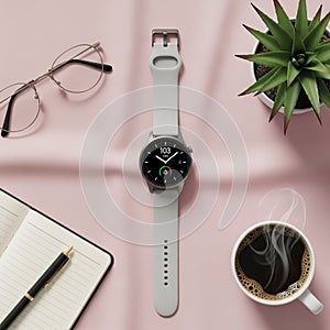 Notebook, a steaming cup of black coffee, and a small potted