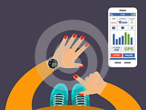 Smartwatch on a wrist. Fitness tracker application