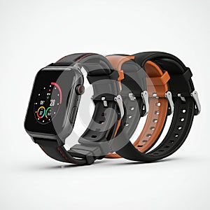 Smartwatches with rectangular displays featuring digital interfaces are shown. The photo