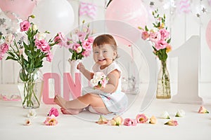 Smash cake party. Little cheerful birthday girl with first cake. Happy infant baby celebrating his first birthday. Decoration and