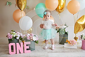 Smash cake party. Little cheerful birthday girl with first cake. Happy infant baby celebrating his first birthday. Decoration and