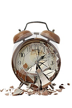 Smashed alarm clock on transparent background