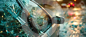 Smashed Car Window After Theft, Evening City Chaos Framed. Concept Theft, Vandalism, Crime Scene,