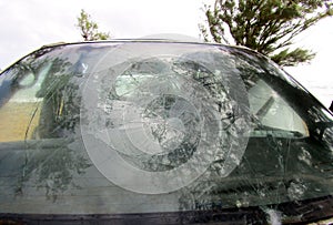 Smashed car windshield.
