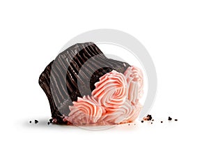 Smashed pink cupcake isolated on white