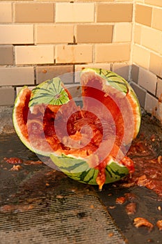 smashed watermelon on the ground at vertical composition