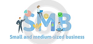 SMB, Small and Medium-Sized Business. Concept with keywords, letters and icons. Flat vector illustration. Isolated on