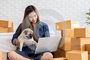 SME entrepreneur of Young women working with laptop for Online shopping at home with her dog pug breed