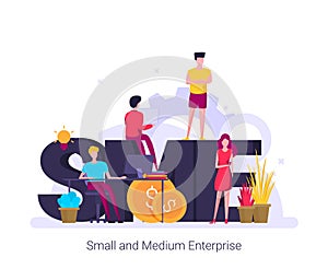 SME, Small and Medium Enterprise. Concept with people, letters and icons