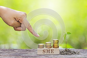 SME WORD WITH BUSINESSMAN HAND POINTING TO STACK OF GOLD COIN.