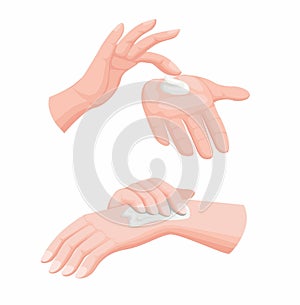 Smear cream hand lotion, cosmetic lotion cream for hand or body on woman hand in two step instruction. realistic cartoon illustrat