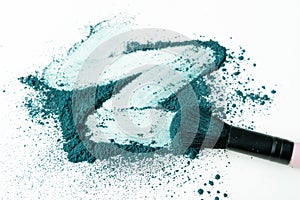 Smear of crushed green eye shadow as sample of cosmetics product isolated on white background with copy space