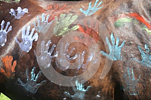 Smeared  horse with colored paint in the summer children`s camp