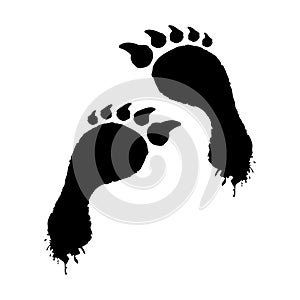 Smeared werewolf footprints icon. Black footprints mystical creature with human foot and sharp claws dangerous mutant.