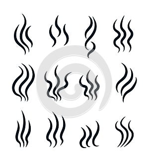 Smell icons. Flowing heat, cooking steam warm aroma smells stinks mark, steaming vapour odour vector isolated line photo