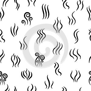 Smell seamless pattern. Steam icons. Lines of heat, smoke, warm and aroma. Vapour seamless pattern. Black logos on white