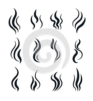 Smell symbols. Heating pictograms, cooking steam warm aroma smells stinks mark, steaming vapour smoke, odour stench