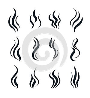 Smell symbols. Heating pictograms, cooking steam warm aroma smells stinks mark, steaming vapour smoke, odour stench photo