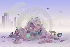 Smelling landfill waste landscape with city skyscrapers on the background. Pollution Environment concept vector