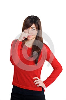 Smelly gesture woman in red