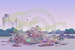Smelly stinking littering waste dump landfill with cats and dogs and city skyline on the background vector illustration.