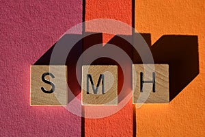 SMH, acronym in 3D wooden alphabet letters isolated on colour background