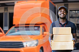 Smile african man postal delivery courier man in front of car delivering package