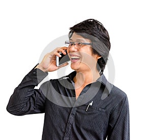 Smile asian business man speaking mobile phone