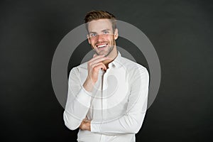 Smile that attracts women. Happy guy smile dark background. Smiling man with healthy white smile. Teeth whitening