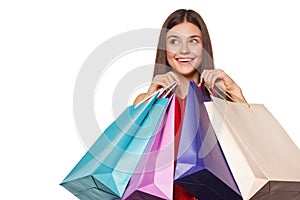 Smile beautiful happy woman holding shopping bags, sale, isolated on white background