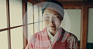 Smile, bow and Japanese woman at her home for culture with positive, good and confident attitude. Happy, portrait and