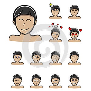 Smile boy Set of different emotions male character. Handsome man emoji with various facial expressions.