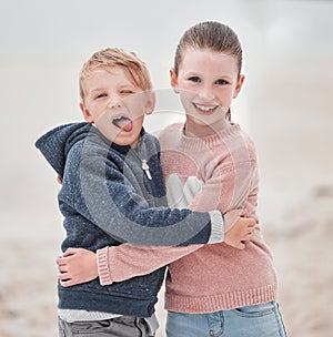 Smile, brother and sister with hug, happy and embrace being cheerful, fun and laugh together on summer break. Portrait