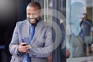 Smile, business and black man with phone in city for social media, networking and salesman outdoor on internet. Mobile