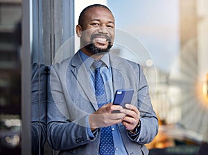 Smile, business and portrait of black man with phone in city for social media, networking and consultant outdoor in