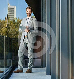 Smile, business and portrait of man with tablet on balcony for networking, reading email or news. Happiness