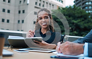 Smile, business and woman with book in meeting for portrait, notes or planning, agenda and schedule for project