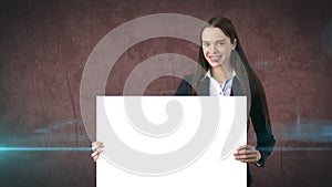 Smile Business woman portrait with blank white board on brown isolated. Female model with long hair.