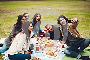 Smile for the camera guys and girls. a group of young friends taking a self portrait together while having a picnic