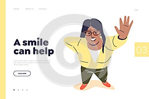 Smile can help concept of landing page with young girl waving hand in welcome gesture looking up